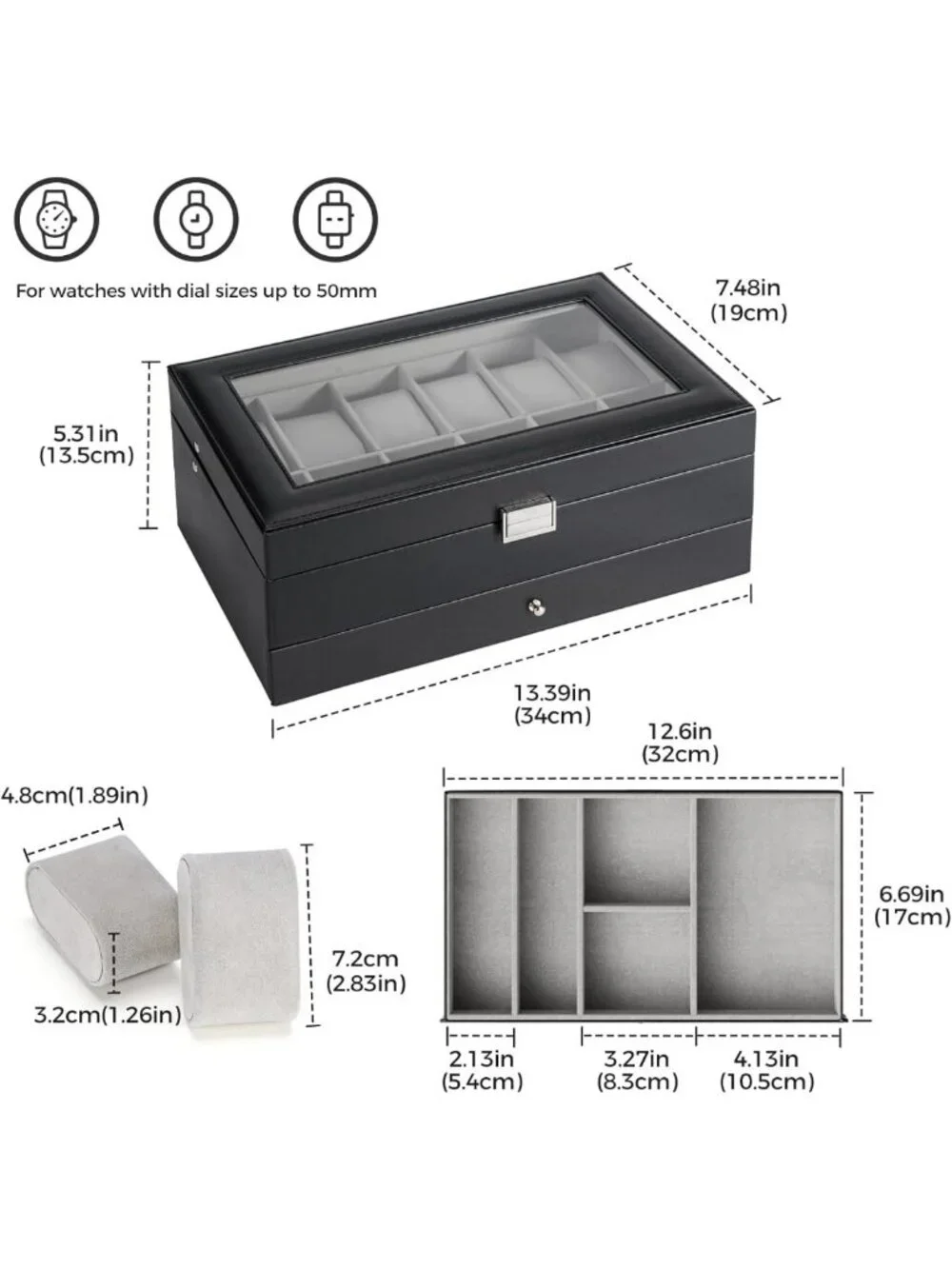 12-Slot Men's Watch Box Organizer with Drawer & Glass Lid - Jewelry Storage Gift